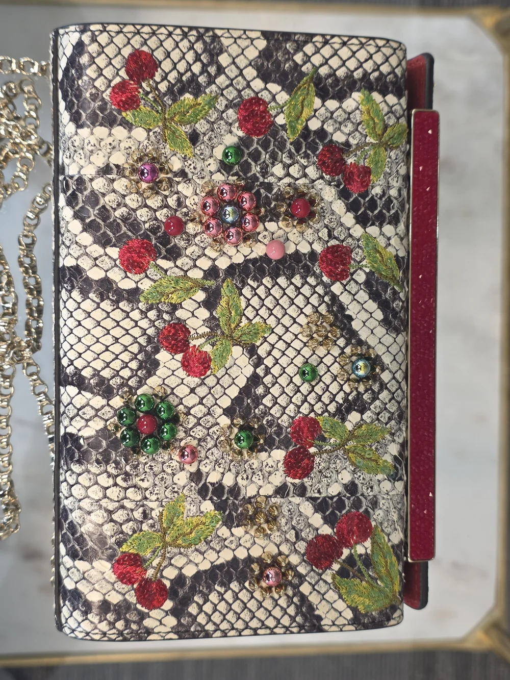 Christian Louboutin White Python-Print Crossbody with Red Cherry Embellishments